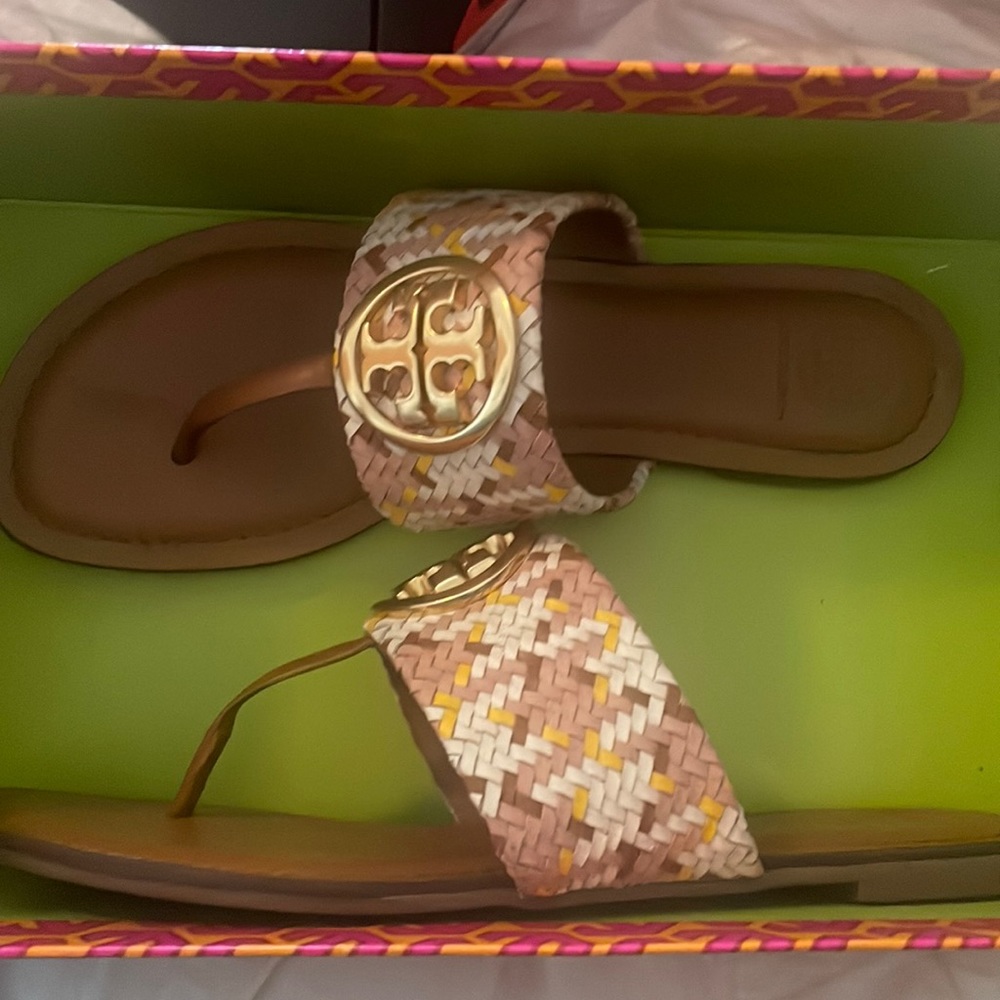 Tory Burch Benton Band Flat Sandal Woven Nappa Leather/Size 8